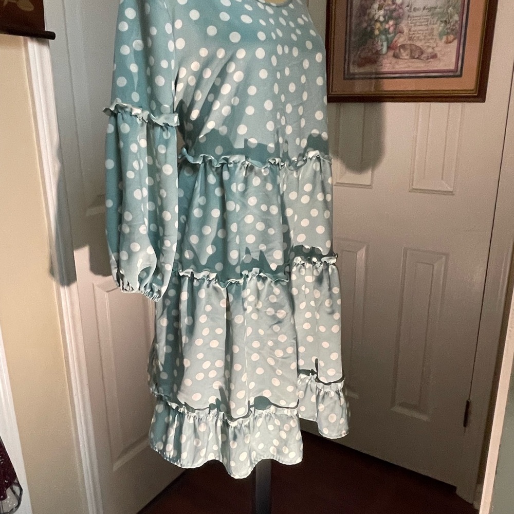 My Story Polka Dot Tiered Ruffle Dress in Mint/Soft Blue